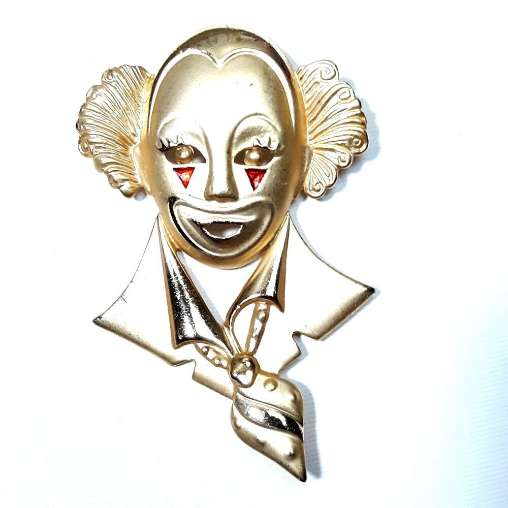 Vintage Clown Bust Brooch Goldtone Matt Polished 3"